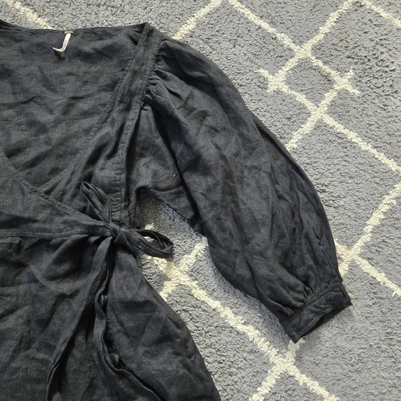 FREE PEOPLE Black Linen Carino Mini Wrap Dress Small Petite - Picture 9 of 14